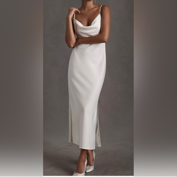 BHLDN Cali Satin Cowl Neck Midi Slip Dress in Ivory - Picture 2 of 3